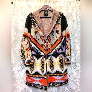 VertigoParis Womens Sz L Super Soft Colorful Aztec Print Cardigan Sweater w/Hood